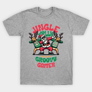 Gamer - Holly Jingle Jolly Groovy Santa and Reindeers in Ugly Sweater Dabbing Dancing. Personalized Christmas T-Shirt